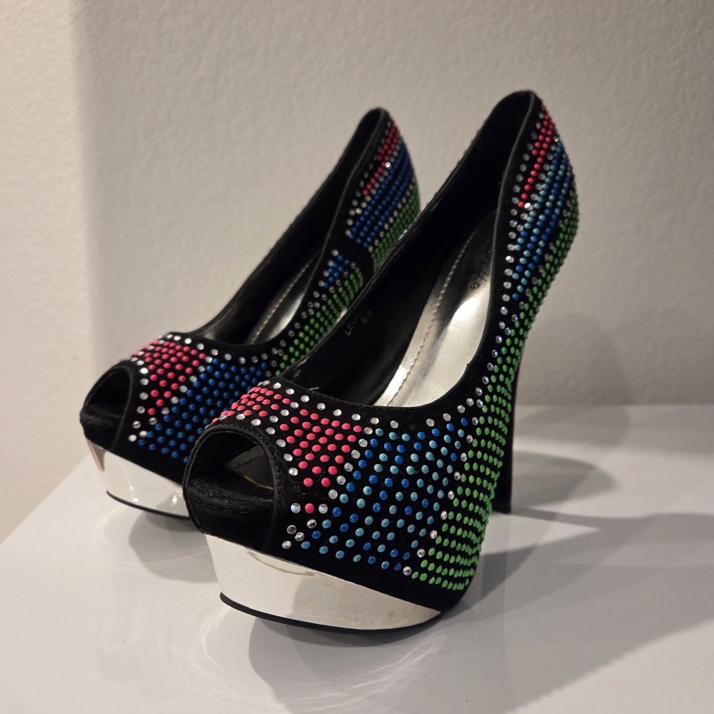 Women's 8.5 shoes black peep toe stilettos platform colors studs Heels Sparkle
